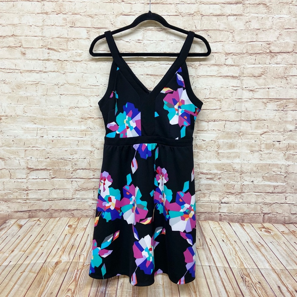 Nicole Miller Black Dress with Multicolor Geometric Floral Print